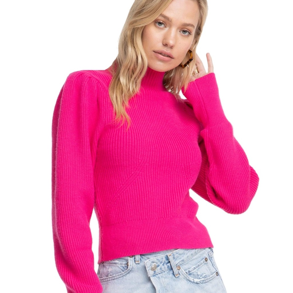 Astr the Label Women’s Sweater Size Small Pink Mock Neck Knit Puff Sleeve Top